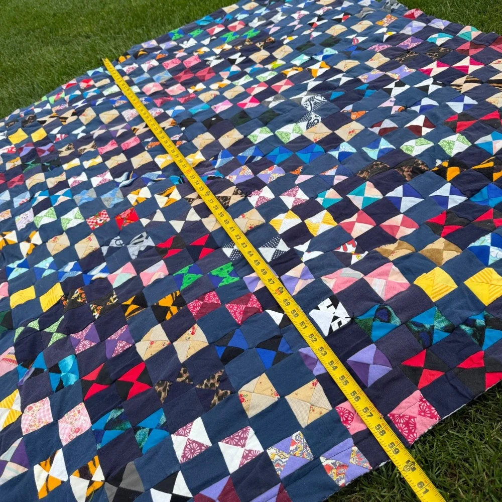 A- Handmade Patchwork Quilt Hourglass Bowtie Scrappy Multicolor Lap Throw 60x52